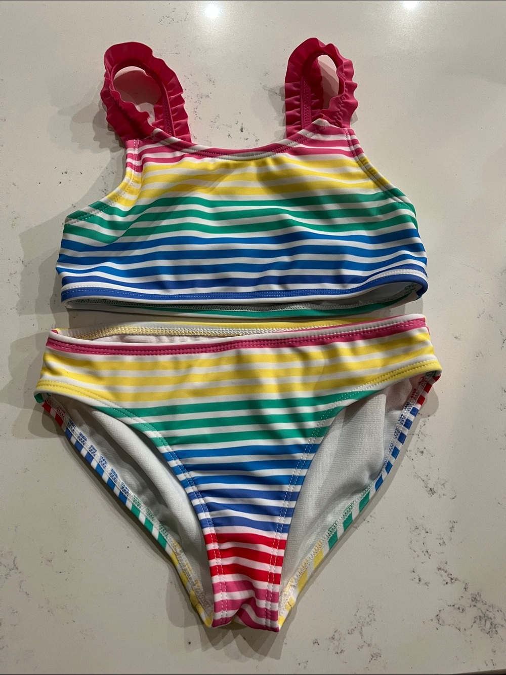 wonder nation Rainbow Striped Girls' Two-Piece Bikini with Pink Ruffle Straps